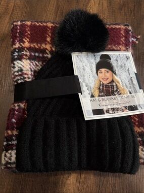 Emanuel Geraldo Hat & Blanket Scarf Set Black Pom Pom Beanie Burgundy Plaid NWT